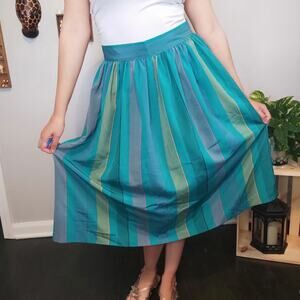 Vintage 80s teal striped midi skirt with pockets